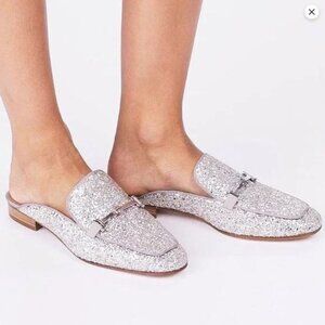 preowned Tory Burch 6.5 Amelia Glitter Backless Loafer Silver/grosgrain 49412